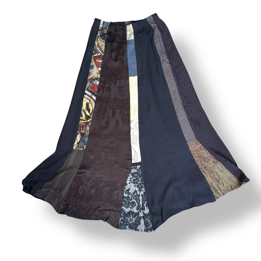 Vintage 90s Patchwork Maxi Skirt Boho Artsy Panel Flowy A Line Mixed Fabric - Picture 2 of 11